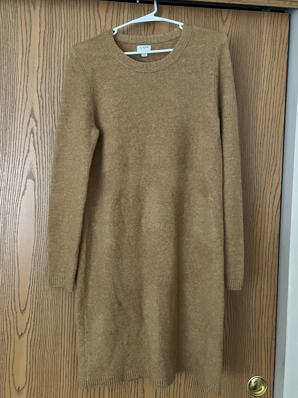 Women’s J. Crew Sweater Dress Camel Crewneck Long-Sleeve Knit Midi Size Medium